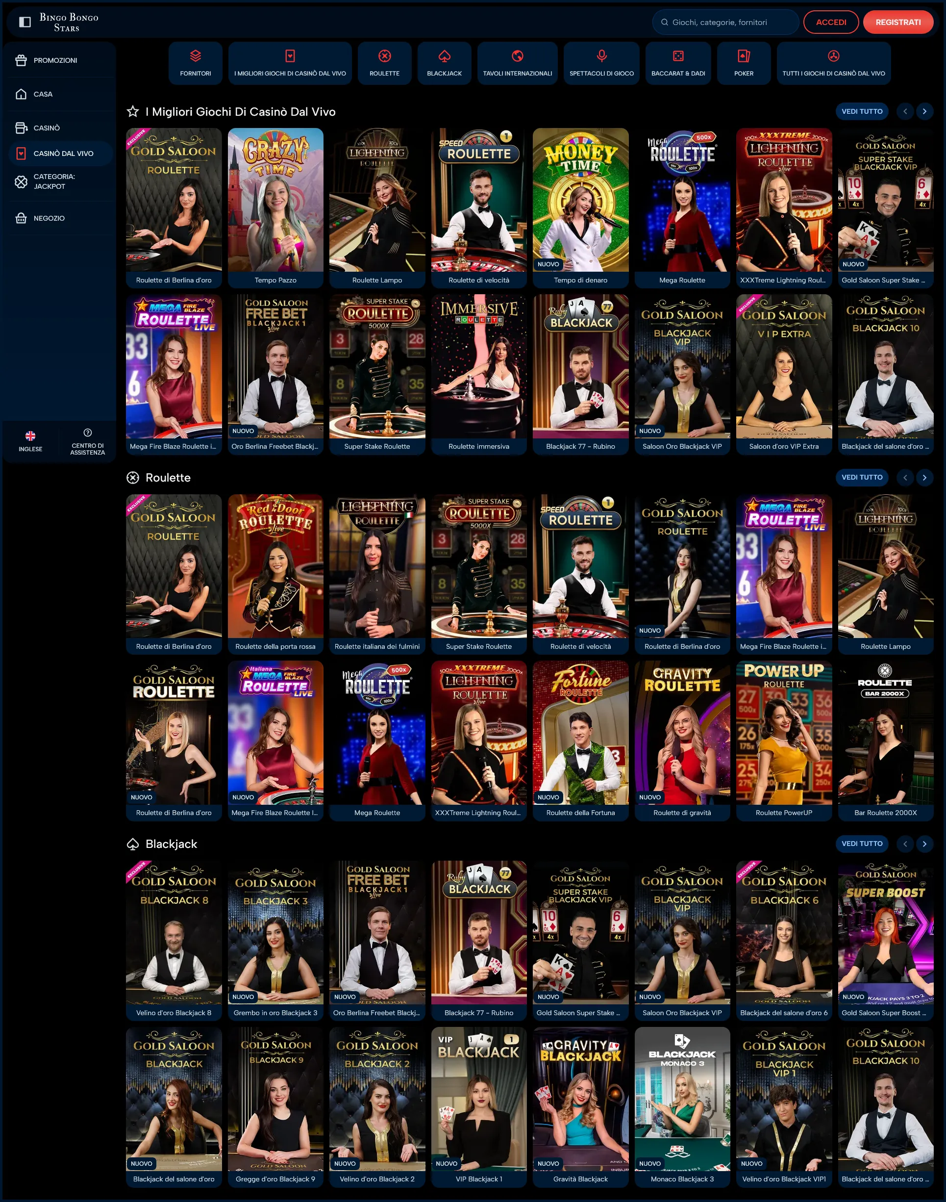 Classici giochi da tavolo live disponibili al casinò Bingo Bongo Stars Casino