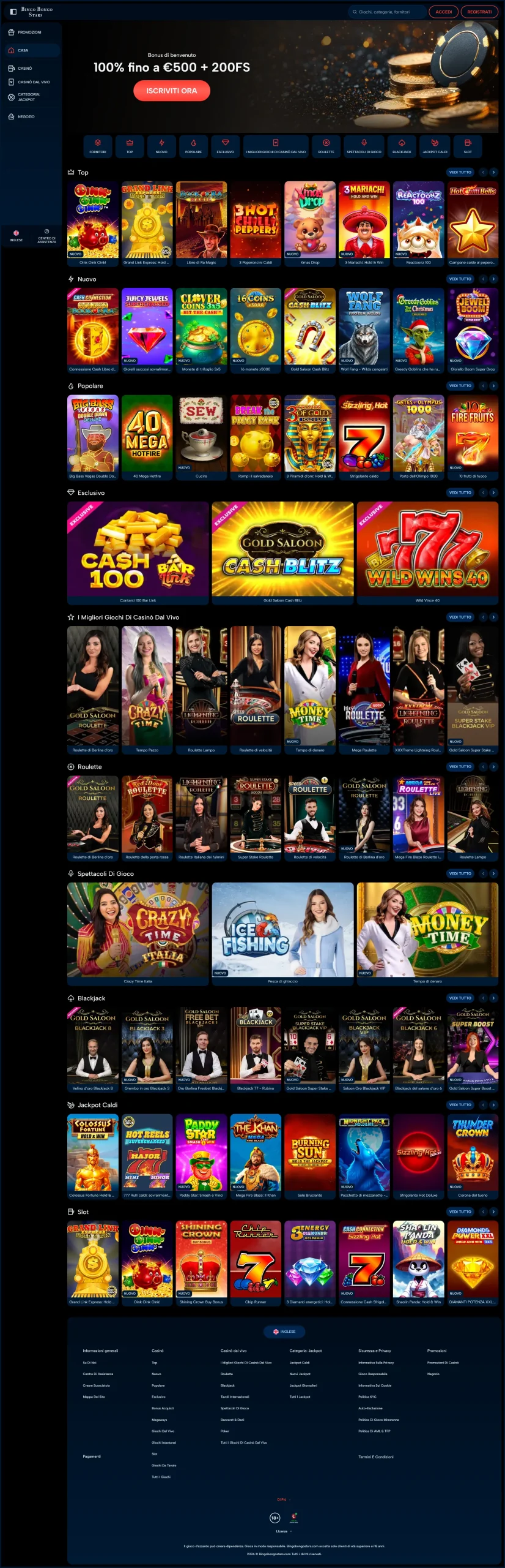 Accesso veloce alle sezioni principali di Bingo Bongo Stars Casino
