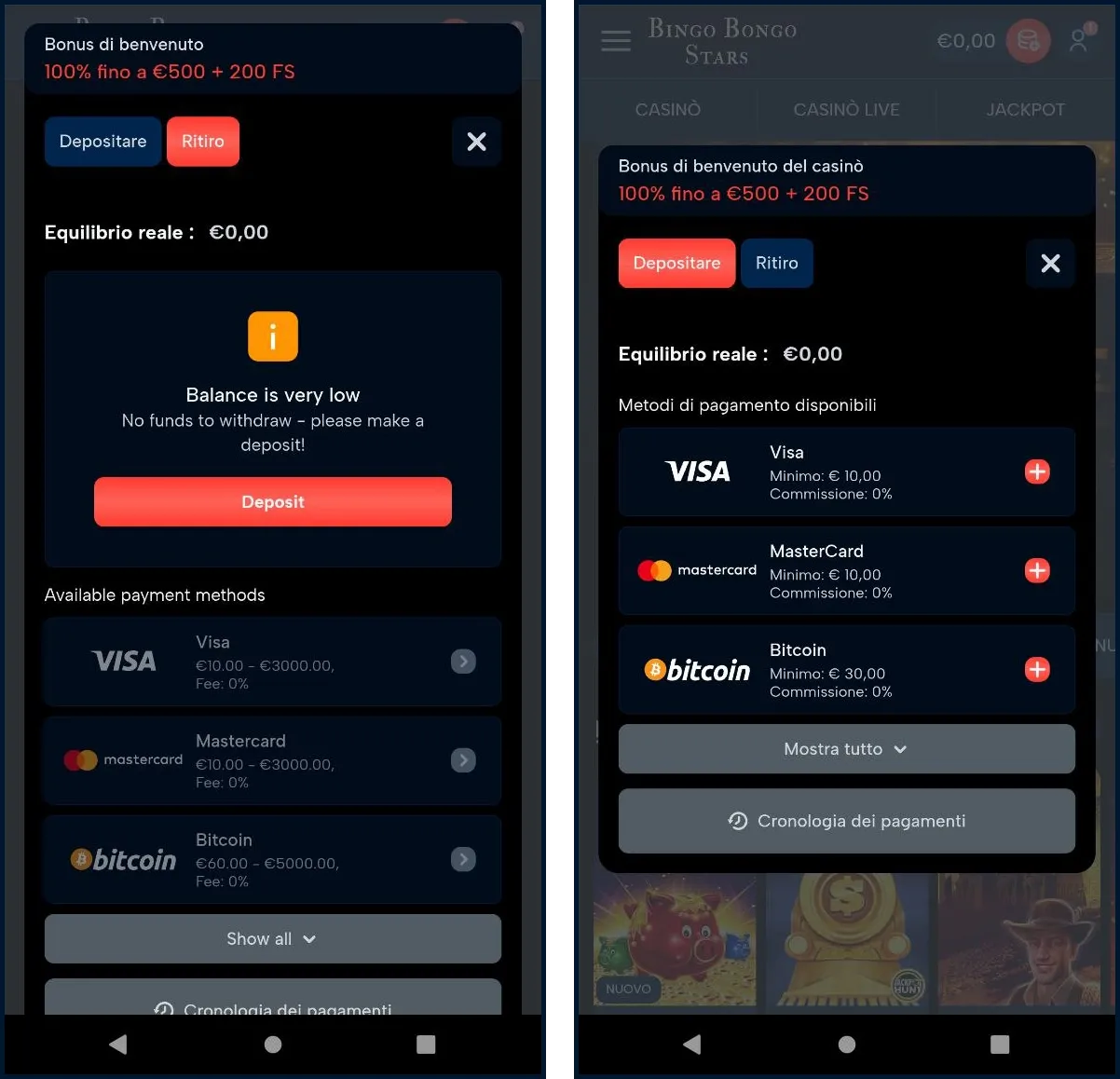 Panoramica dei metodi di pagamento su Bingo Bongo Stars Casino
