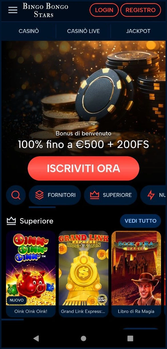 Versione mobile ottimizzata del sito del casinò Bingo Bongo Stars Casino